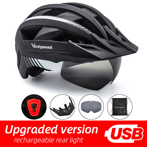 Victgoal Bicycle Helmet LED Moutain Road USB Rechargeable Light Cycling Helmet For Man Sun Visor Goggles Men MTB Bike Headgear: BlackWhite USB LED