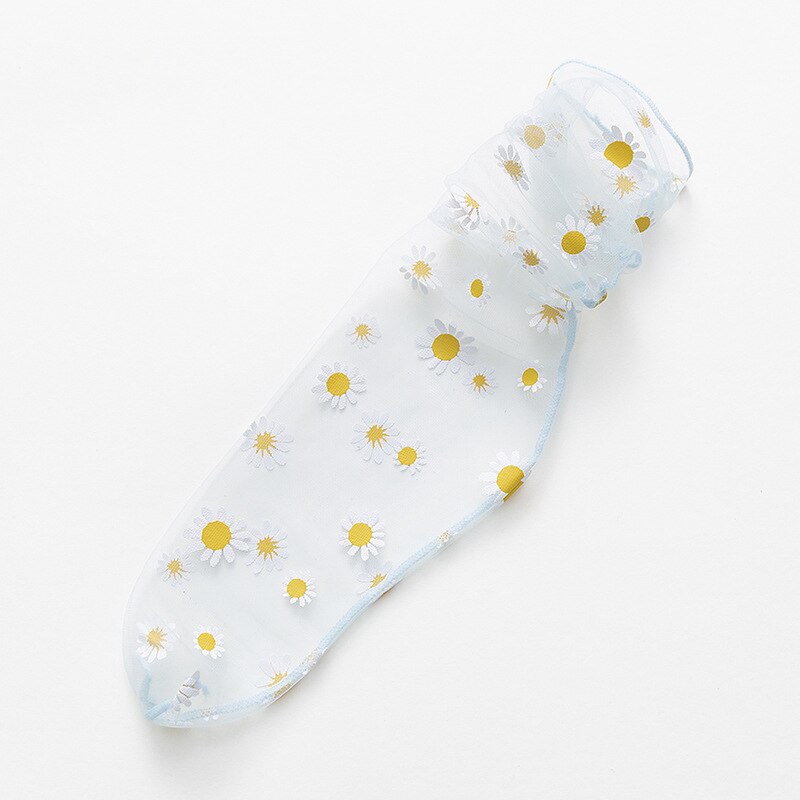 Suloiset kukkaiset naisten sukat läpinäkyvät ultraohuet päivänkakkarat sukat tytöille naisten sifonkiverkko hengittävä tylli pitkät sukat: Sininen