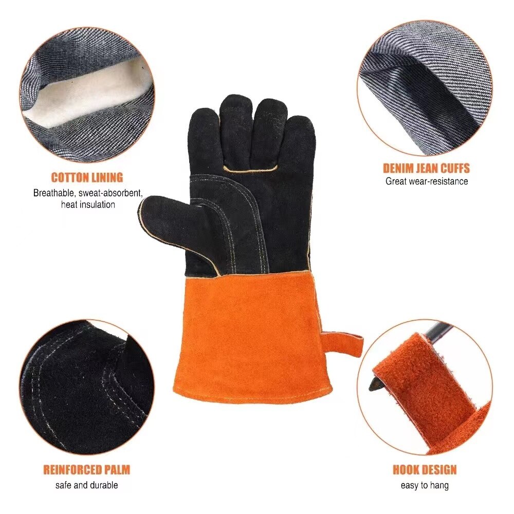 Guantes de soldadura de cuero, manoplas resistentes al calor, al fuego, para horno, chimenea, estufa, barbacoa, con manga larga