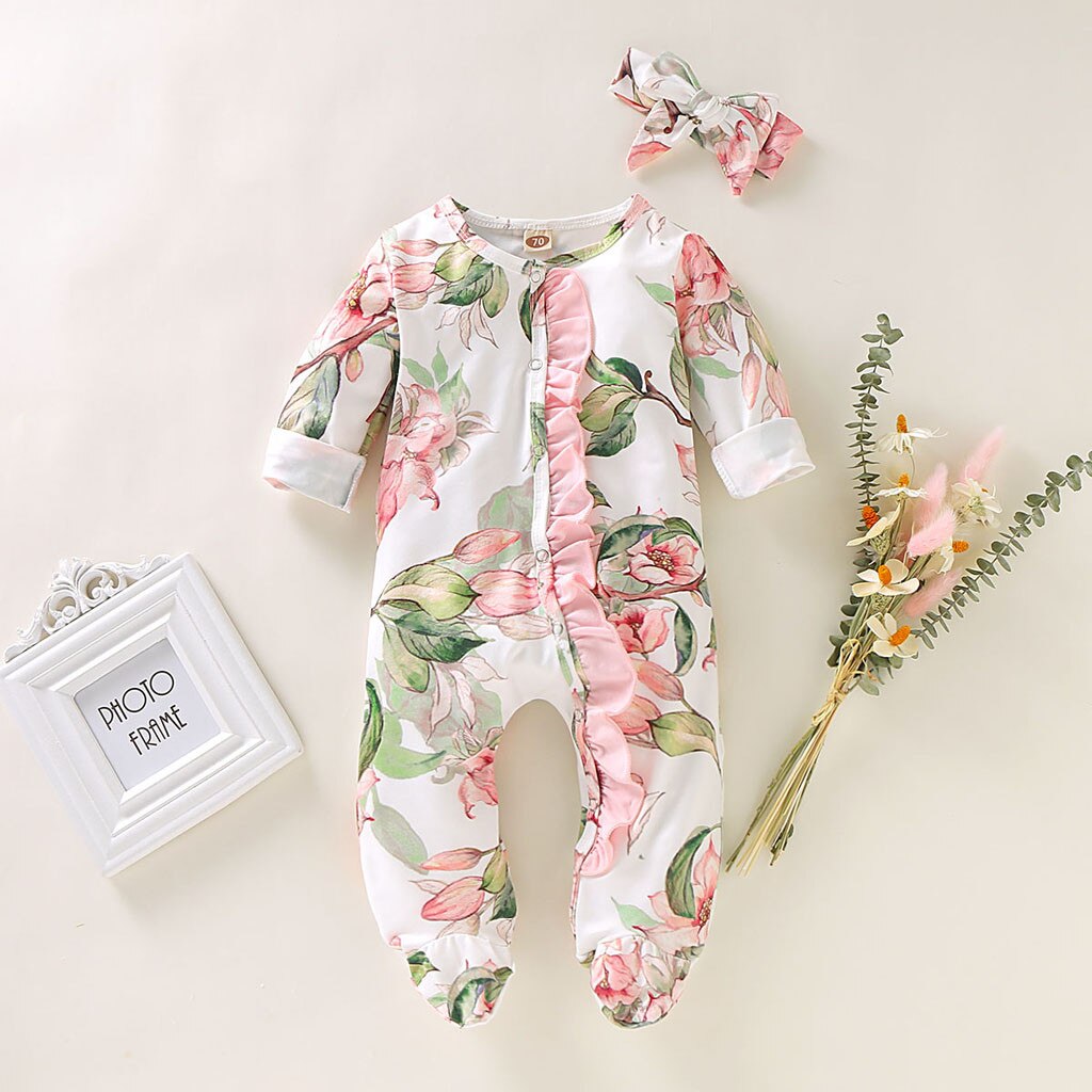 Neugeborenen Romper Overall Infant Baby Mädchen Junge Footed Sleeper Outfits Set Floral ong Hülse Baumwolle Overall Outfits