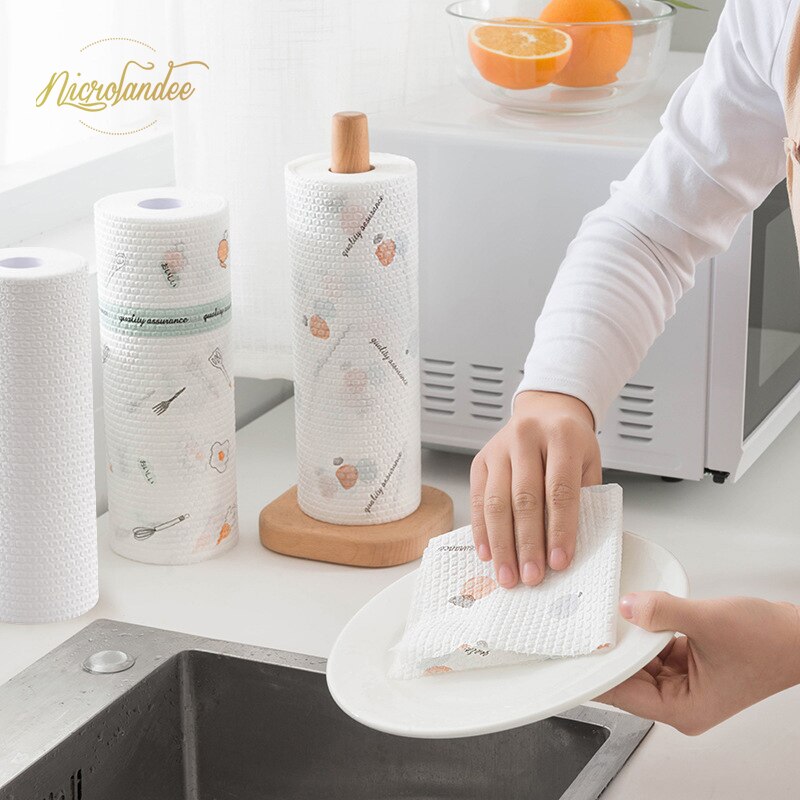 Nicrolandee 1 rulle non-woven stof dovne klude våde og tørre vaskbare engangsopvaskepapir til køkkenarbejde