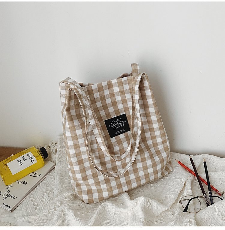 Mode Duurzaam Vrouwen Student Katoen Linnen Enkele Schoudertas Shopping Tote Check Plaid Vrouwelijke Vlas Canvas Boodschappentassen: Yellow