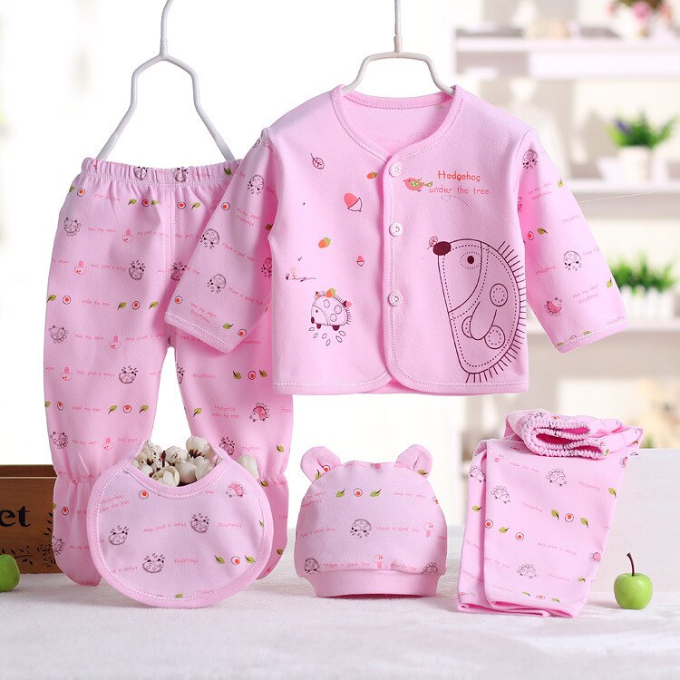 5pcs/sets Newborn Baby Unisex Clothing Soft Cotton Set Infant Long Sleeve Girls Shirt+pant Bibs Hat Suit Underwear: pink