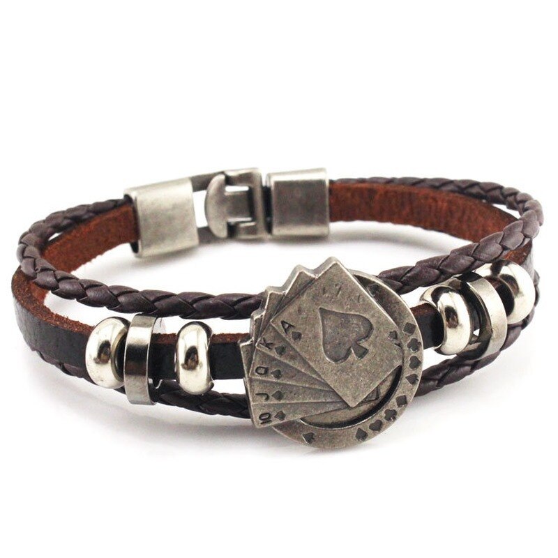Three-layer Woven Playing Card Leather Bracelet Lucky Vintage Men's Leather Bracelet Raja Vegas Charm Multilayer Braided Women