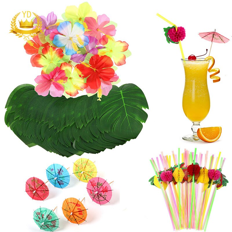 108Pcs Hawaiian Party Benodigdheden Simulatie Plant Turtle Leaf Hibiscus Cocktail Paraplu Stro Bruiloft Tafel Decoratie