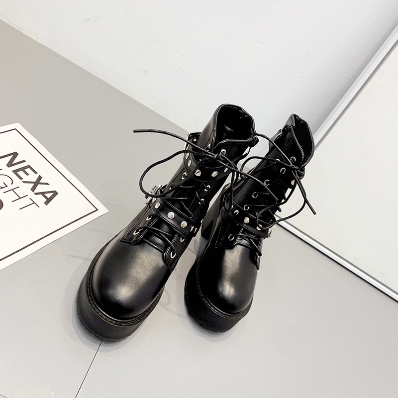 JXANG, otoño , botas a la para mujer, botas cortas con remaches de plataforma con punta redonda y punta redonda, botines para mujer, botines de estilo moderno, negro, británico