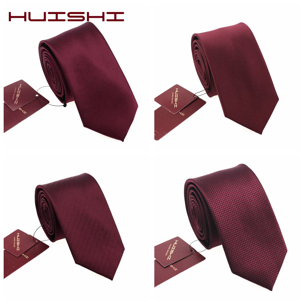 Huishi 6cm og 8cm ensfarvet vin herre smal vandtæt vin slips jacquard vævet forretning bryllup slips til mand slips