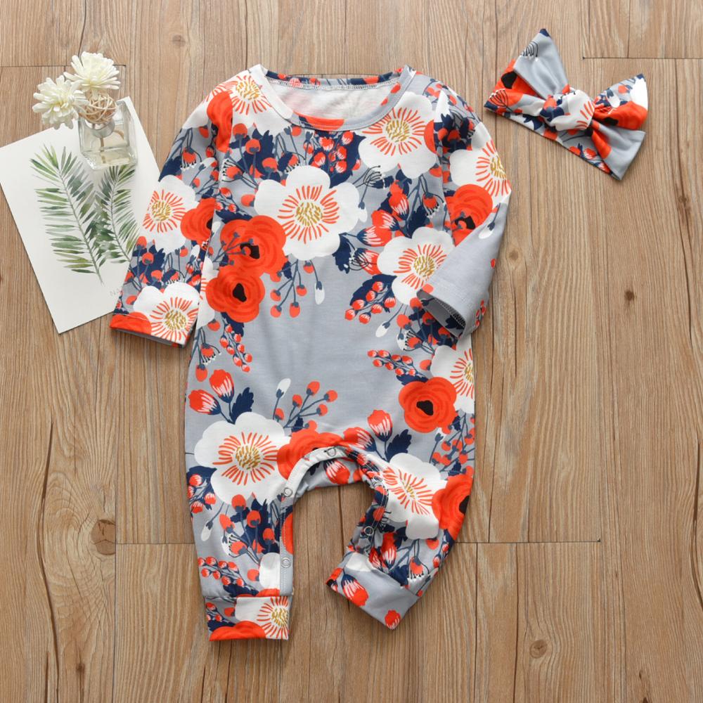 Spædbarn baby piger romper afslappet blomster langærmet jumpsuit og pandebånd nyfødte efterår tøj toddler outfits