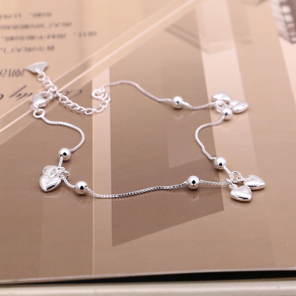 100% 925 Sterling Silver Heart Ankle Pendant Beaded Foot Jewelry Summer Beach On Foot Ankle Bracelets For Women Leg Chain