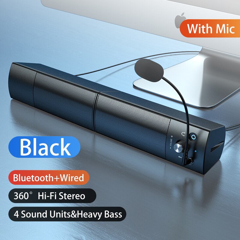 Detachable Bluetooth Speaker Microphone 2 in 1 Surround Sound soundbar For pc Laptop USB Wired Speakers for the computer: Black with MIC
