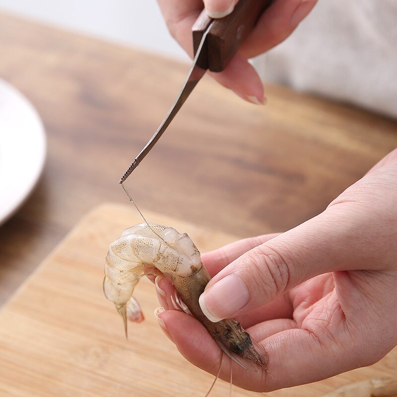 Nóż robić krewetek ze stali nierdzewnej z drewnianą rączką Homar robić czyszczenia ryb krewetki praktyczne narzędzie robić owoców morza przenośne przybory kuchenne
