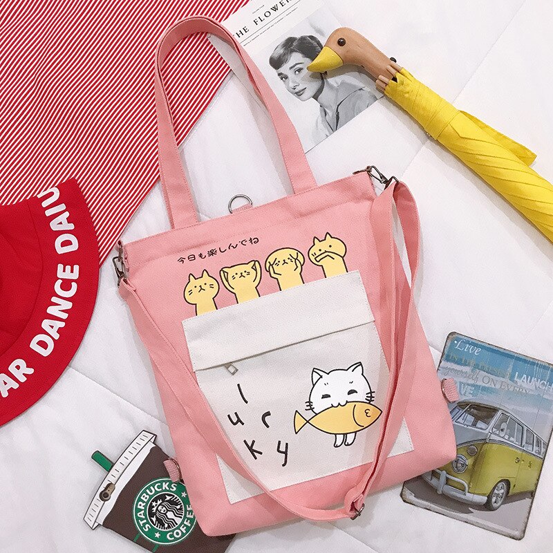 INS chaude femme sac à provisions coupe chat poisson étudiant sac en toile décontracté nouveauté dame sac à bandoulière grande capacité tutoriel sac: PINK