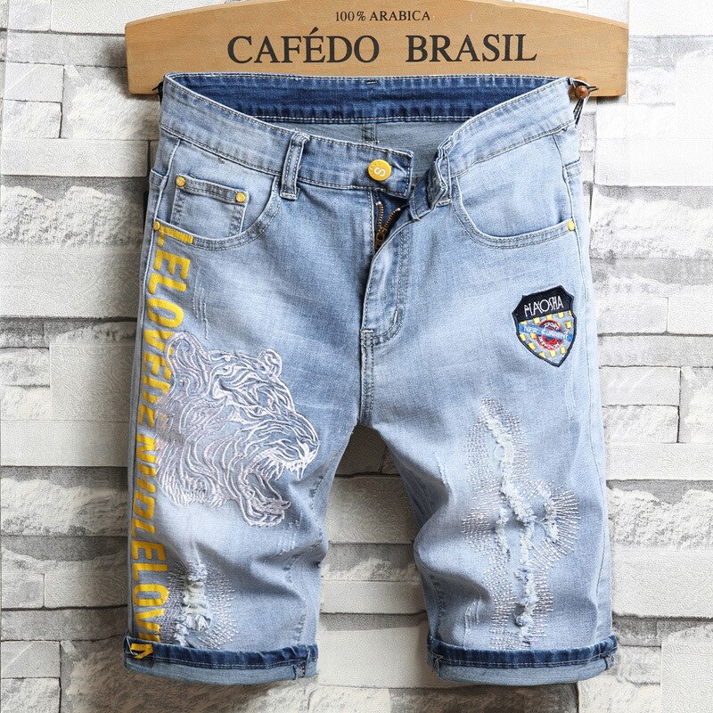 Mode Mannen Zomer Ripped Denim Shorts Borduren Tiger Print Letters Stretch Mannelijke Elastische Gat Korte Jeans