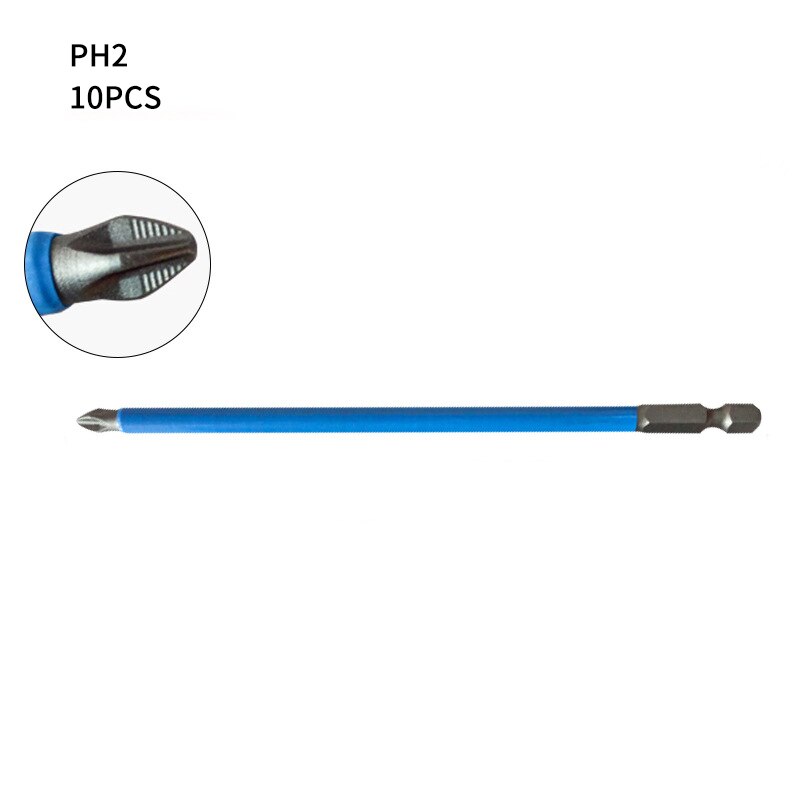10/12 pièces PH1 PH2 PH3 PZ1 PZ2 PZ3 jeu d'embouts de tournevis magnétique 1/4 "tige hexagonale anti-dérapant Phillips accessoires pour outils électriques: 10pcs PH2 150mm