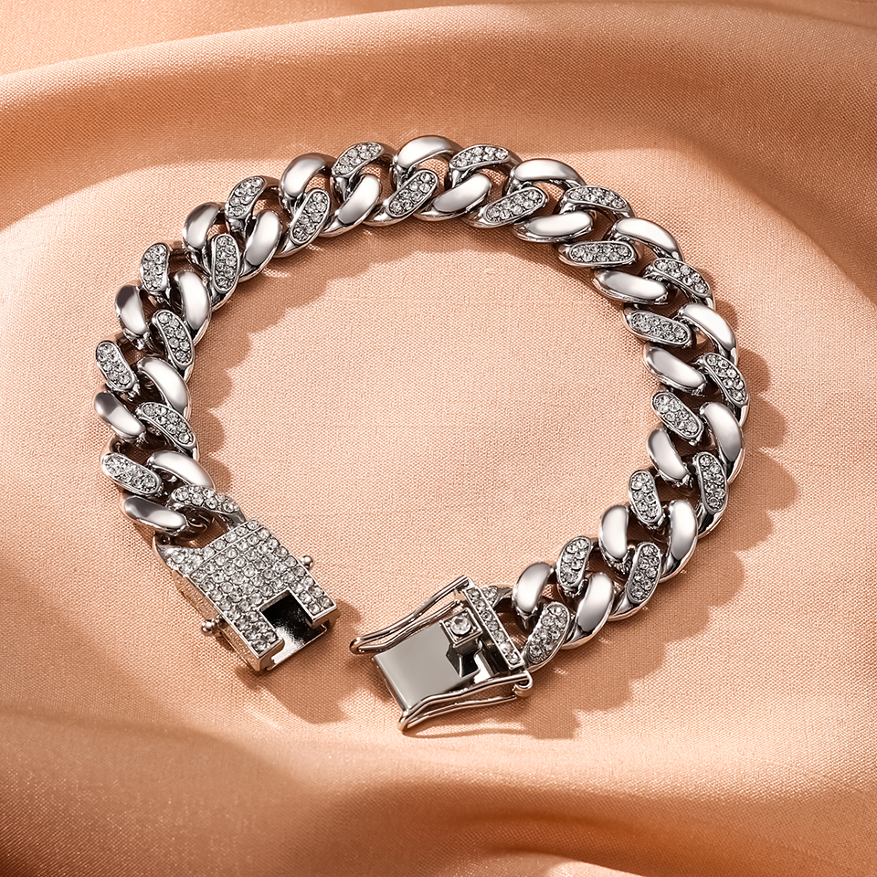 Gold Color Hip Hop Cuban Chain With Full Stone Mens Necklace Silver Color 2 Rows Rhinestone Paved Miami Cuban Chain Necklace