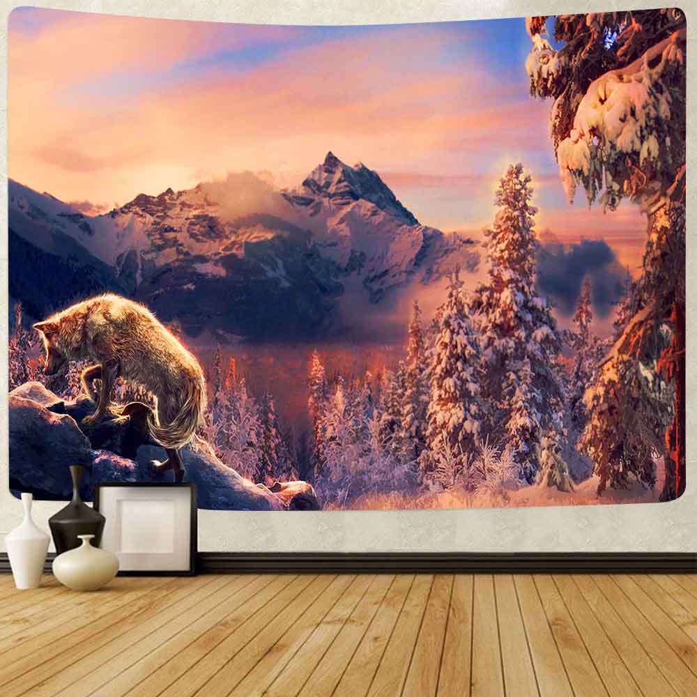 Simsant wolf and forest tapestry animal jungle art vägghängande gobelänger för vardagsrum sovrum sovsal hem filt dekor