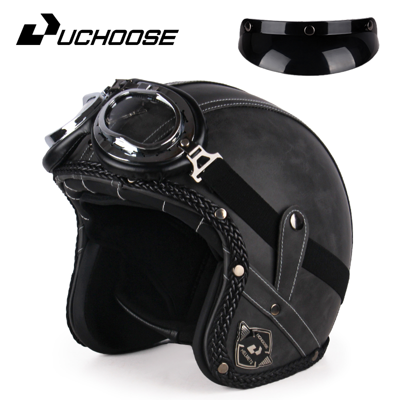 UCHOOSE retro Motorradhelm PU Leder offen Gesicht 3/4 Zerhacker Fahrradhelme klassisch Casco Moto Jahrgang: Champagner / XXL
