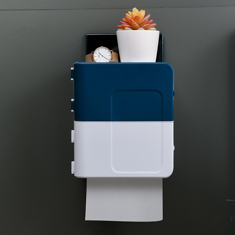 Portable Waterproof Tissue Toilet Paper Holder Plastic Wall Mounted Dispenser Organizer Storage Box Bathroom Accessory: White Blue