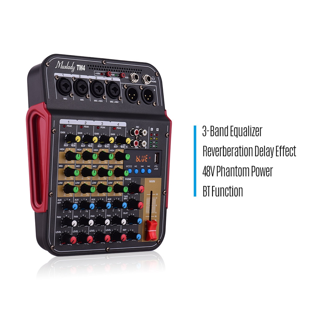 Muslady TM4 Digital 4-Channel Audio Mixer Mixing Console Built-in Phantom Power with Audio System for Studio Recording