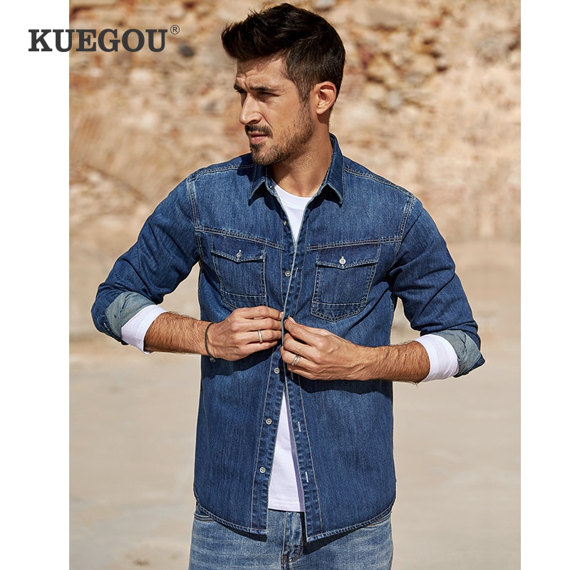 KUEGOU Spring Cotton Blue Denim Shirt Men Dress Button Casual Slim Fit Long Sleeve For Male Brand Clothes Plus Size 6212