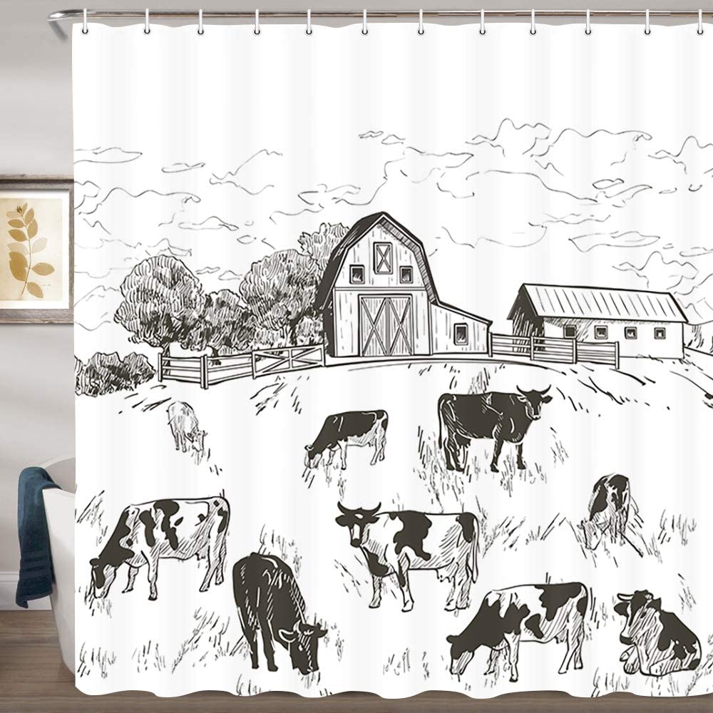 Boerderij Douchegordijn Landelijke Kudde Koeien Kalveren Veld Oude Schuur Huis Bomen Dieren Hekken Polyester Badkamer Bad Gordijnen Set: 138x70in-350x180cm