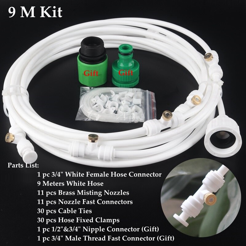 6m~15m Outdoor Misting Cooling System Kit Greenhouse Garden Patio Watering Irrigation System Gardening Micro Irrigation Kits: 9m Kits (White)