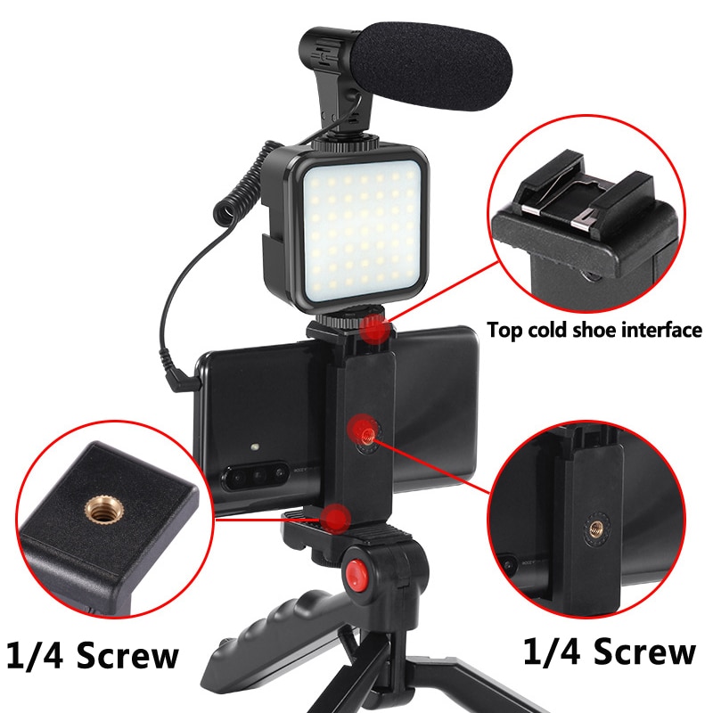 Studio Microphone For Phone Camera Vlog Video Recording Condenser Microphone with Tripod LED Light Tabletop Stand