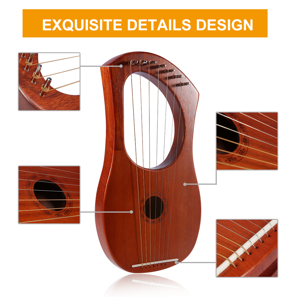 ammoon Small 7-String Lyre Harp Lyre Piano Steel Wire Strings Mahogany Plywood Body Mahogany Veneer Topboard String Instrument