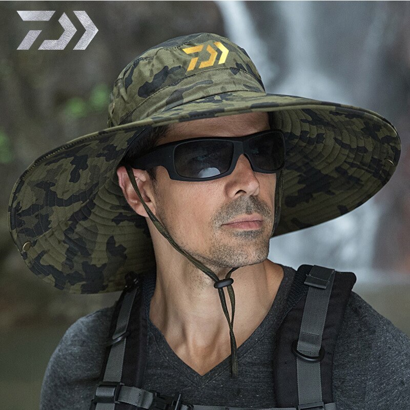Daiwa mænds camouflage fiskeri hat sommer justerbar solbeskyttelse sol hat stor randen sol hat turist fiskeri hat: Fotofarve 1
