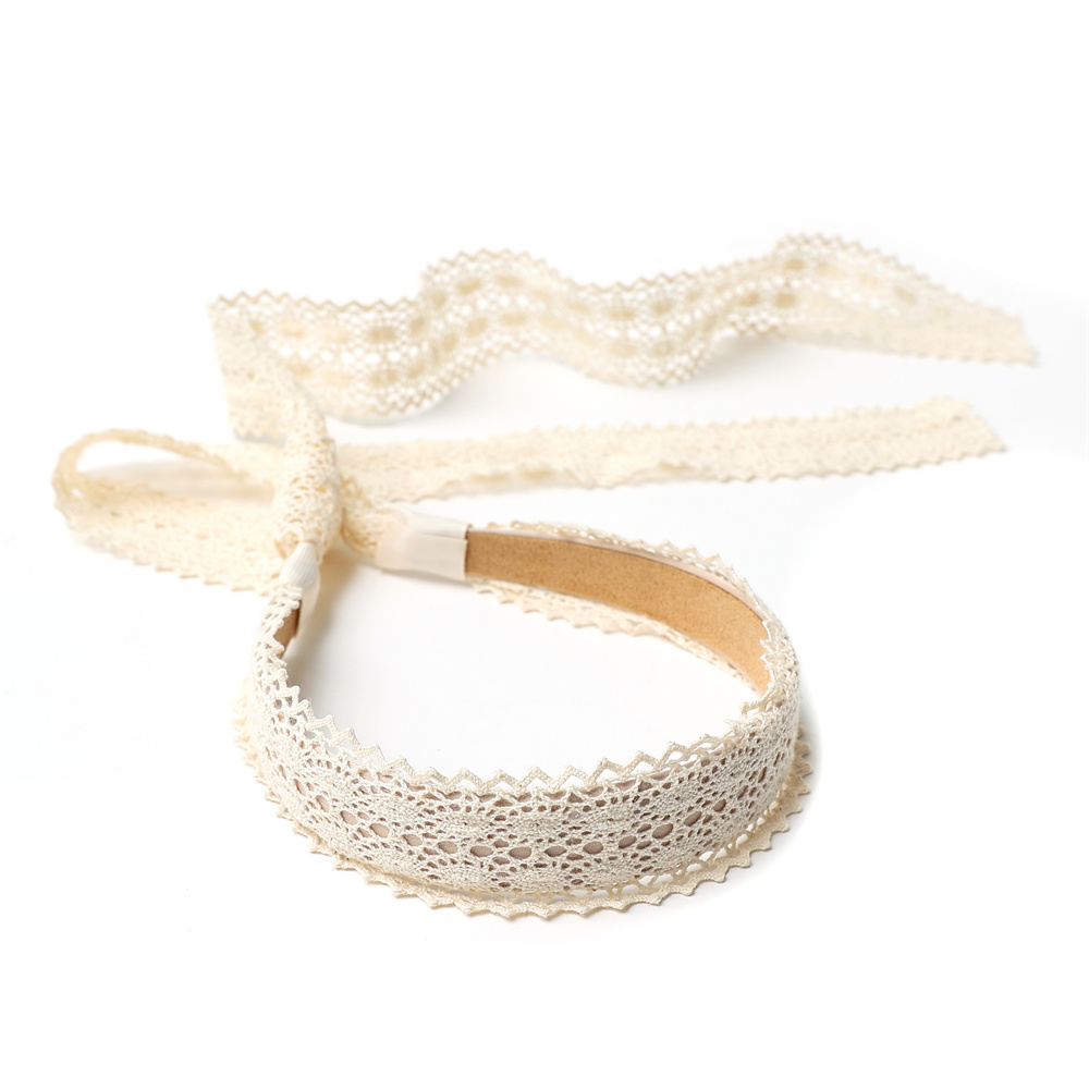 Hårbånd i bomuldsblonder, farverigt, elegant hårsløjfe, hårtilbehør, hårpandebånd med krøllet hår: Mælkehvid