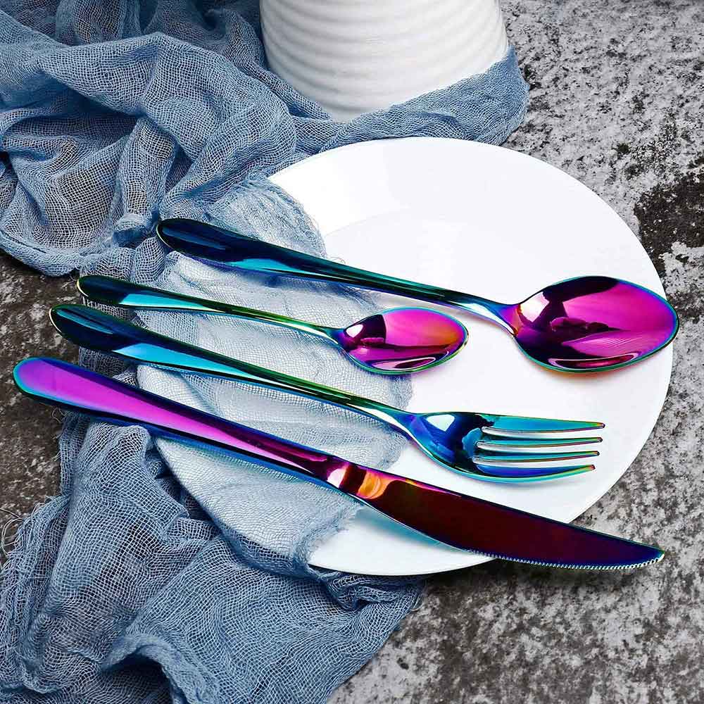 4 st bestick set rostfritt stål svart guld silver regnbåge frost romersk kolonn stil servis servis gaffel kniv sked: Regnbåge 4 st
