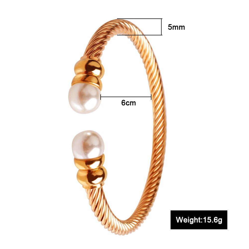 FINE4U B055 Adjustable Pearl Cuff Bracelet Bangles For Women 316L Stainless Steel Twisted Cable Bracelets: Rosegold-5mm