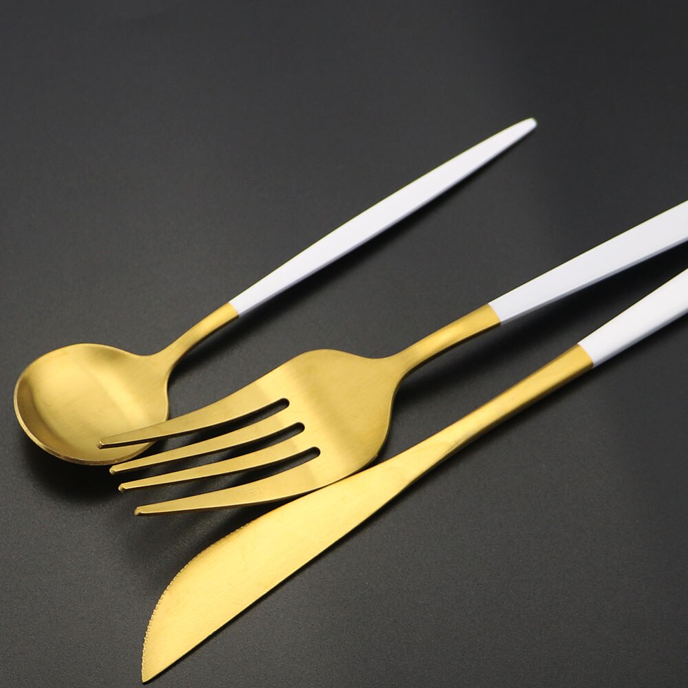 Couverts en acier inoxydable 304, 24 pièces, blanc et or mat, service de table, vaisselle, vaisselle, coutellerie, couteau, fourchette, cuillère, argenterie