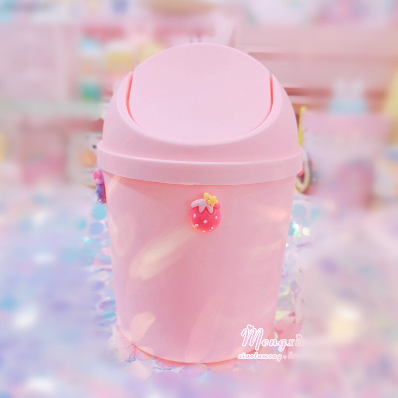 Kawaii Pink Strawberry Flower Waste Bin Desktop Portable Plastic Mini Shake Cover Garbage Basket Sakura Home Bedroom Trash Can: Strawberry