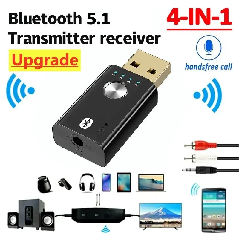 4-in-1 Bluetooth 5.1 audio-ontvanger zender stereo USB dongle 3,5 mm 3,5 AUX RCA draadloze adapter voor carkit TV PC hoofdtelefoon