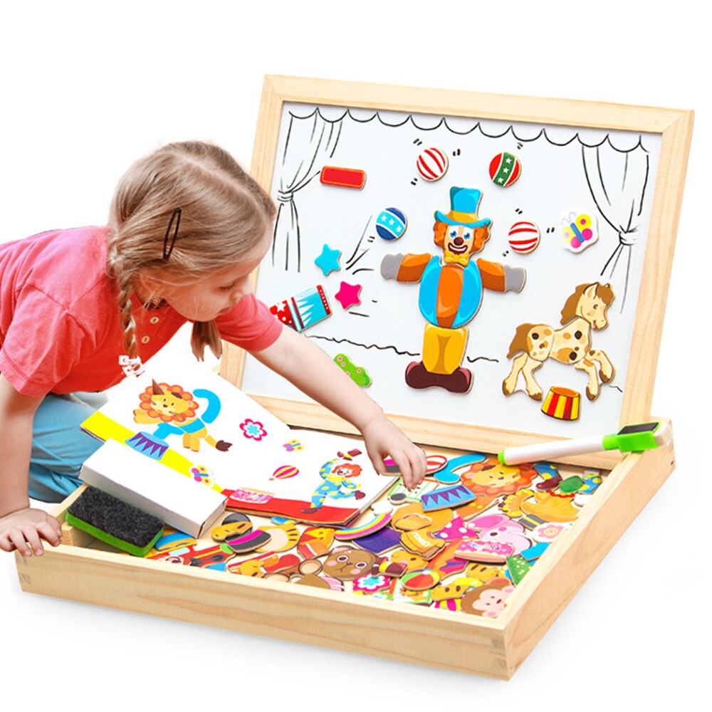 Animali da fattoria in legno multifunzionale città Puzzle magnetico cubi magici lati del cavalletto tavolo da disegno giocattolo per bambini per bambini