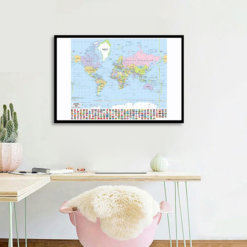 3*2 Feet Political Map of The World with National Flags Canvas Painting Wall Art Poster School Supplies Classroom Home Decor