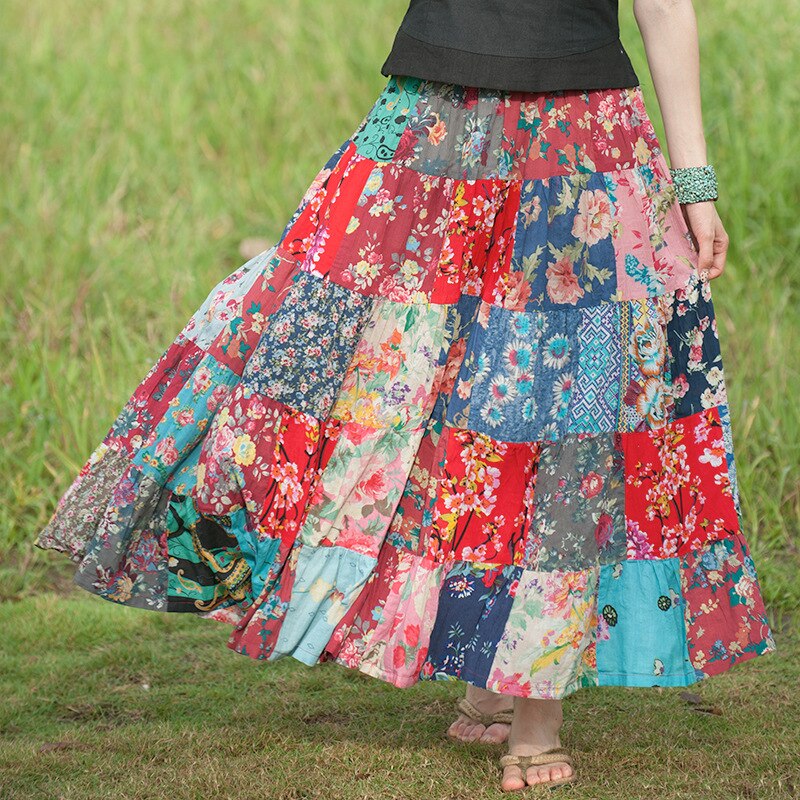 Vrouwen Losse Bohemian Stijl Rokken Dames Elastische Taille Patchwork Rok Vrouwelijke Katoen Rokken 2022 Zomer: Vintage