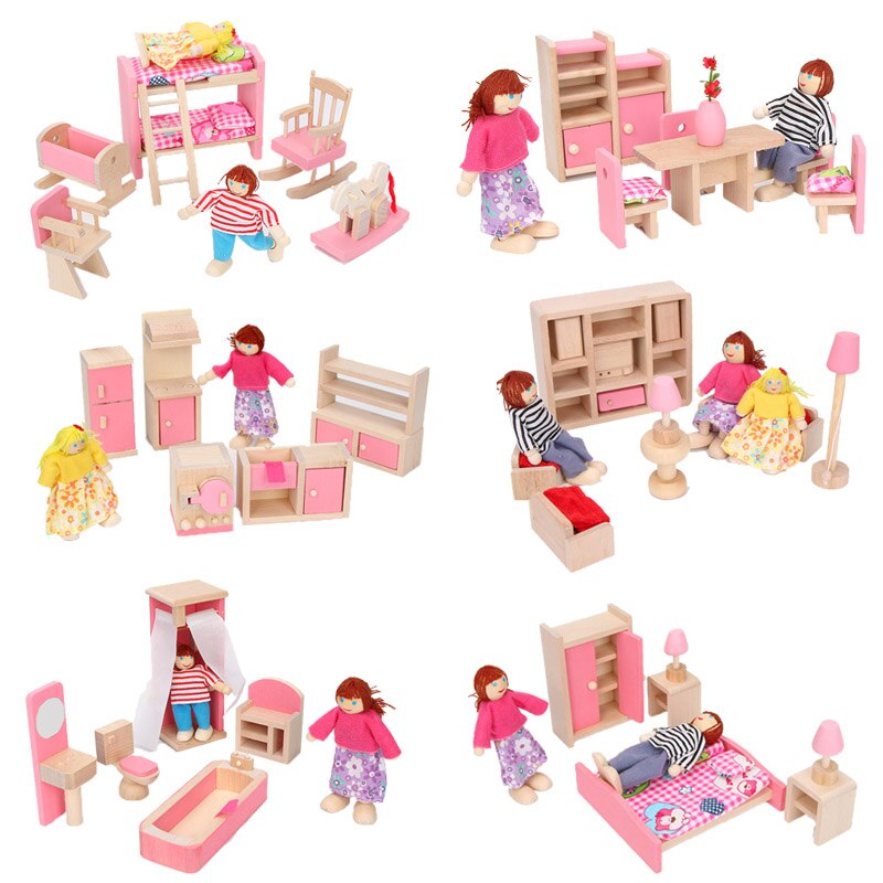 Wooden Delicate Dollhouse Furniture Toys Set Pretend Play Simulation Furniture Toy Dressed Pretend Dolls