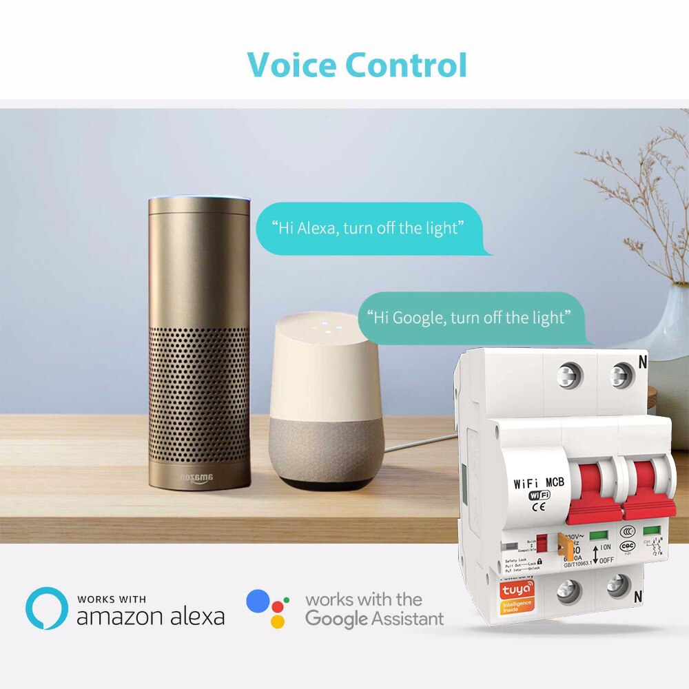 Disjoncteur WiFi intelligent Tuya Smart Life 20A, Protection contre les courts-circuits, Compatible avec Alexa Echo et Google