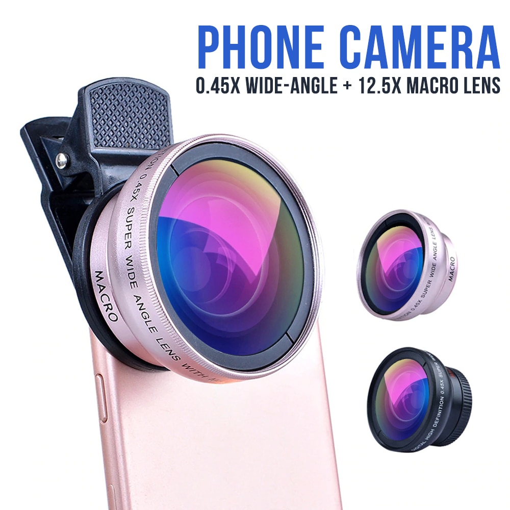 Objectif 2 en 1 grand Angle 0,45 x + Macro 12,5 x, , pour téléphone HD, caméra, pour iPhone 8 7 6S Plus Xiaomi Samsung LG,