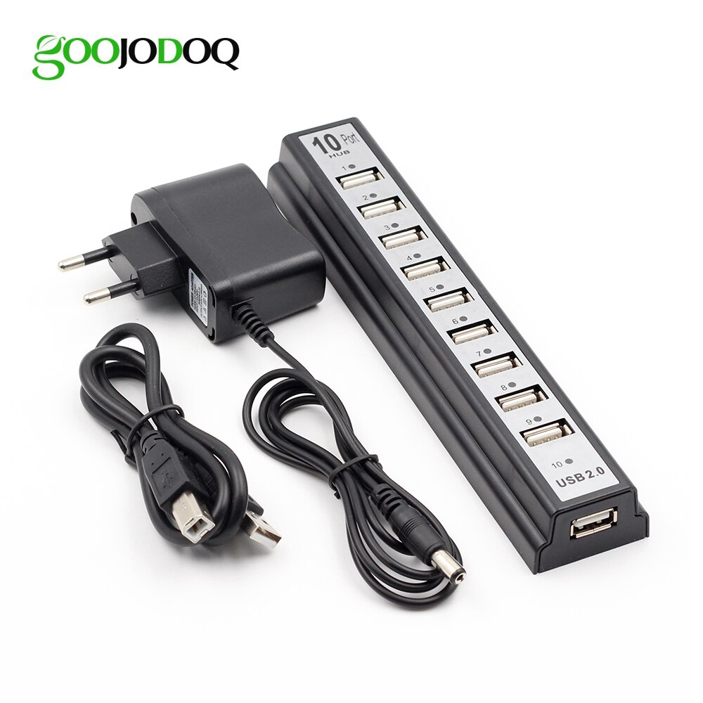 Usb-hub 2.0 10- poorts hoge snelheid 480 mbps usb 2.0- hub multi-usb-splitters met eu/vs-stroomadapter voor pc, laptop en notebookcomputer