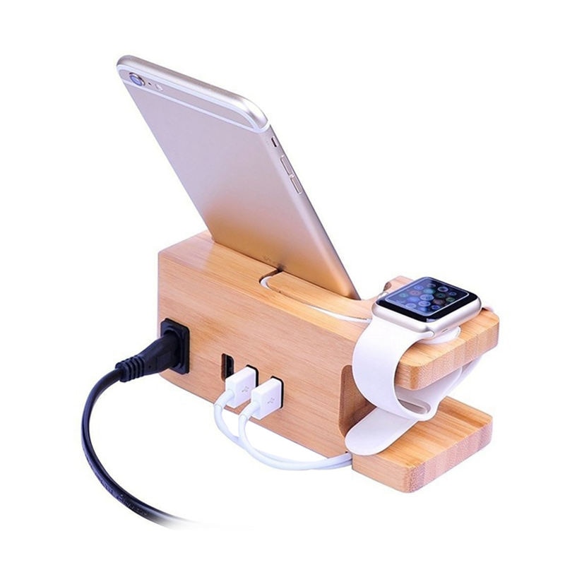 3-Hafen Usb Ladegerät Für Apfel Uhr & Telefon Organizer Stehen, Wiege Halfter, 15W 3A Schreibtisch Bambus Holz Ladestation Für Iwatc