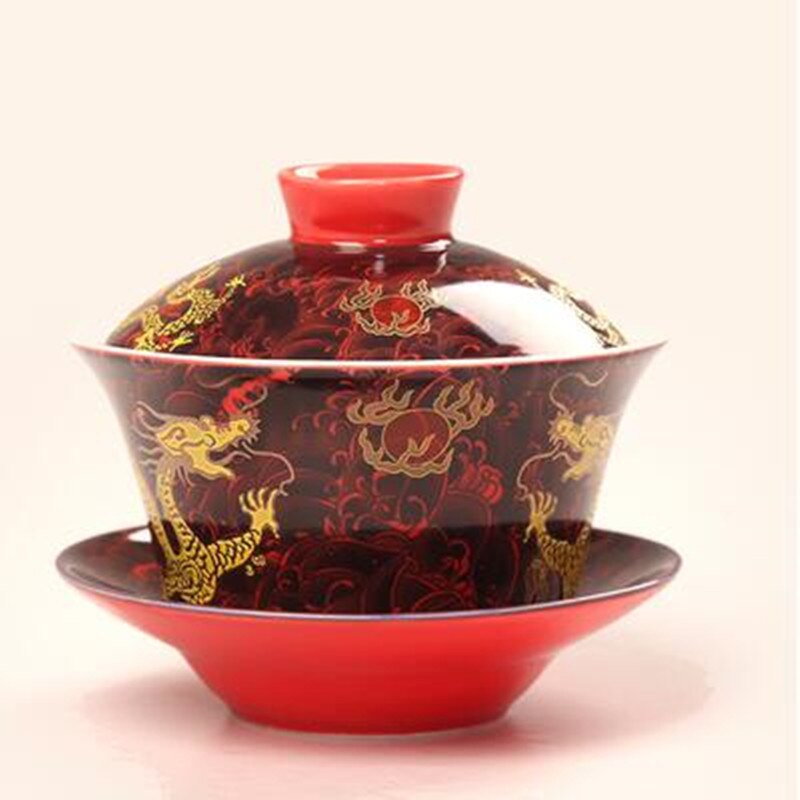 Retro Dragon Tea Maker Chinese Gaiwan Tea Cup 200ml Tureen Jingdezhen White and Blue Porcelain Teaware Cups and Saucer Sets: Red Wave