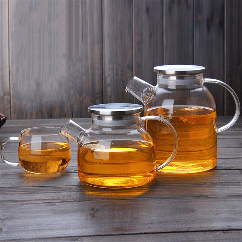 1000ml/1800ml Heatable Glass Kettle Water Jug Heat-Resistant Teapots with Stainless Steel Cover Transparent Juice Container