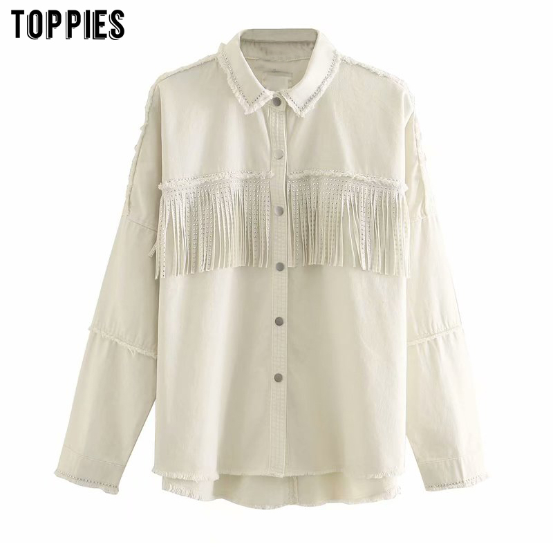 Topies brystet kvast jakke hvid jean jakke frakke dame nitte denim frakke soutwear: L