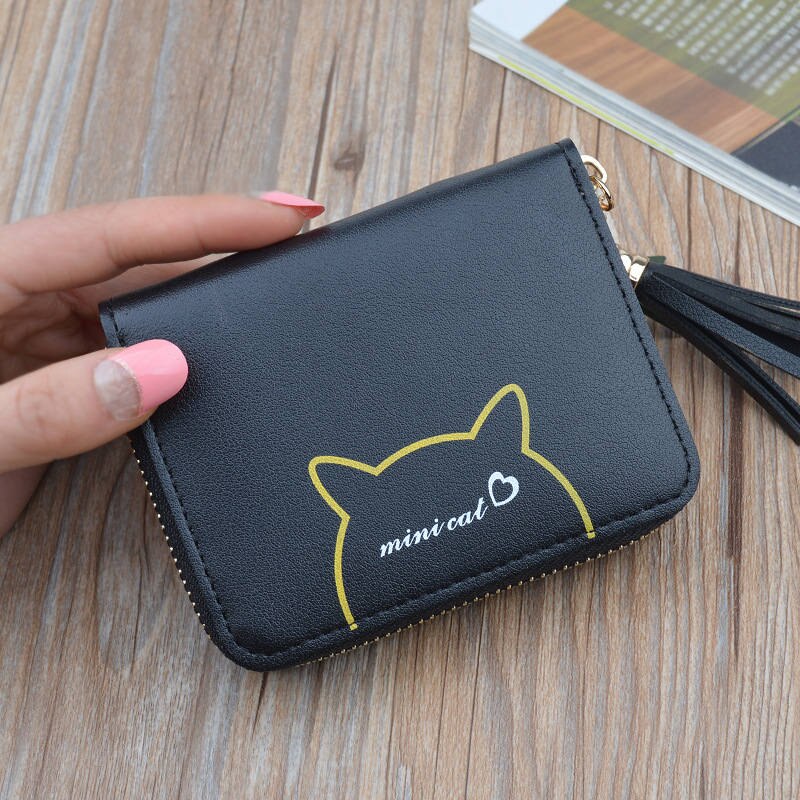 Cat Pattern Tassel Ladies Purses Coin Bag Card Holder, Small Wallets Star Pendant Slim Wallet Women Girls Female: Black