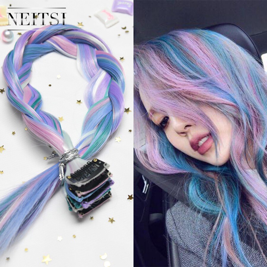 Neitsi 20'' 10pcs/pack Straight Long Single Clip In One Piece Heat Resistant Synthetic Hair Extensions Ombre Hairpiece For Woman