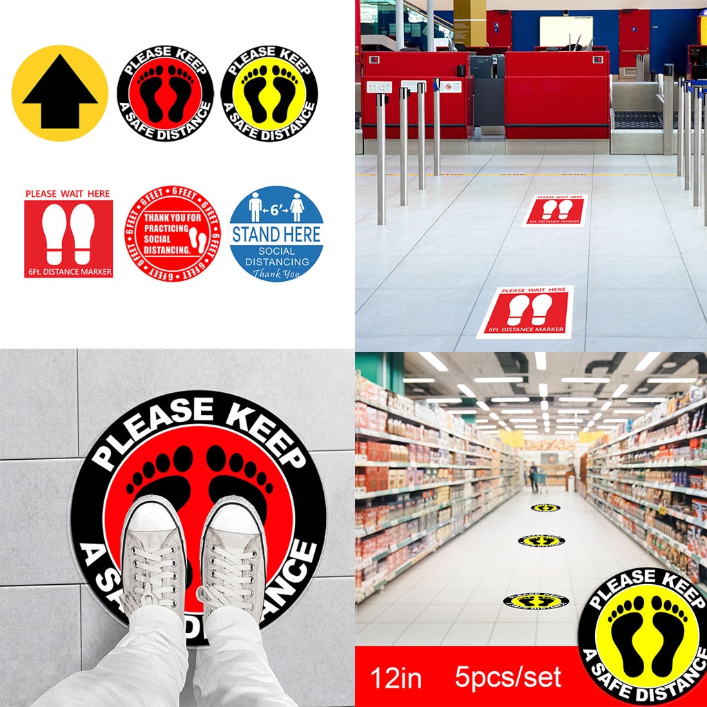5pcs Social Distancing Floor Decals Safety Floor Sign Marking Direction Quoues