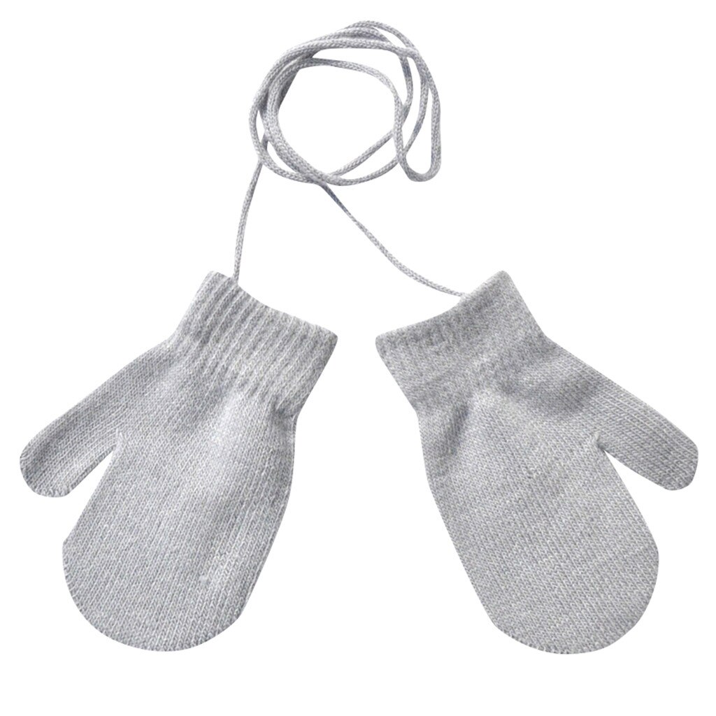 Kinderen Solid Dikke Gebreide 1-4Years Handschoenen Kinderen Winter Warm Solid Gebreide Leuke Met String 6 Kleuren Handschoenen Варежки Зимние: Grijs